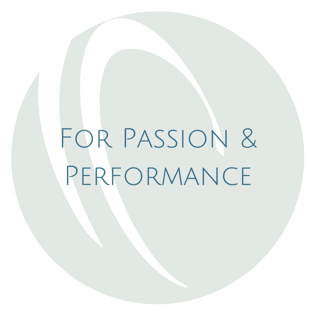 Blue background with a white swirl. In blue lettering For Passion & Performance is written