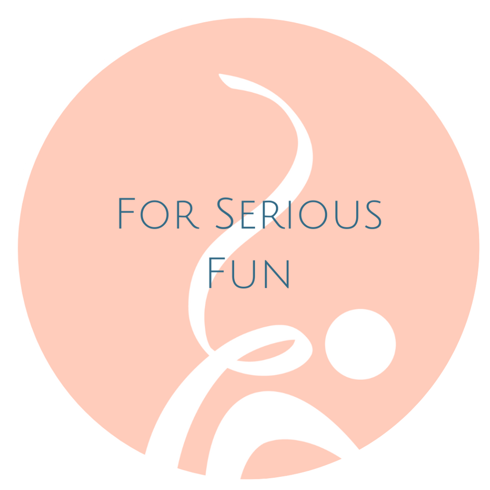 Pink background with white swirl - For Serious Fun is written in blue
