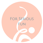 Pink background with white swirl - For Serious Fun is written in blue