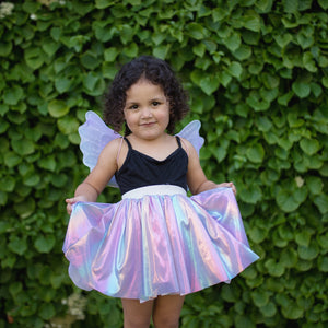 
                  
                    Great Pretenders image of a toddler wearing an iridescent skirt, black top and fairy wings. Great Pretenders Magical Unicorn Skirt and Wings Pastel
                  
                