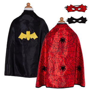 
                  
                    Image of two Great Pretender Capes, a black and gold bat cape, a red and black spider cape and two matching masks.
                  
                