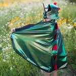 Great Pretenders-boy in a field in a red and green dragon cape with matching hood and face mask