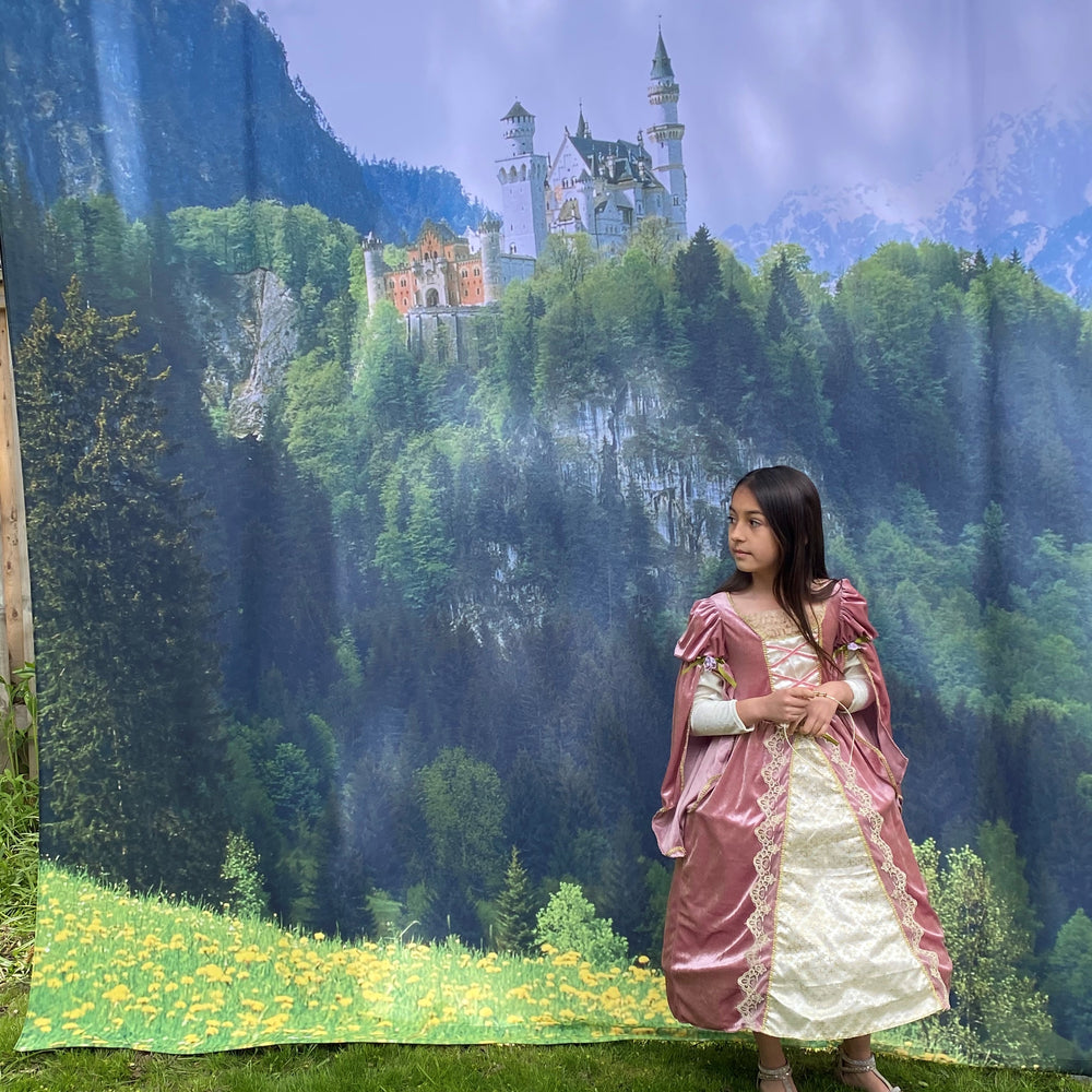 young girl in a princess dress standing in front of a backdrop of a castle mountains and forest