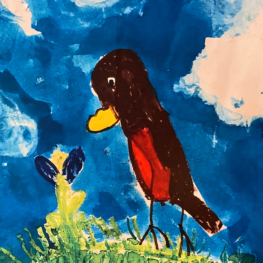 
                  
                    child's picture of a bird talking to a rabbit printed on a backdrop
                  
                